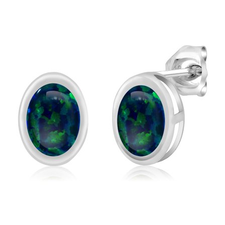 Gem Stone King 1.26 Ct Oval Cabochon 7x5mm Bezel Setting Green Simulated Opal 925 Silver Stud Earrings for Women Men