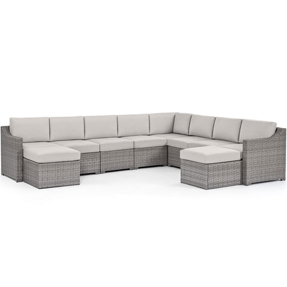 HAPPATIO 10-Piece Wicker Patio Conversation Set with Beige Cushions