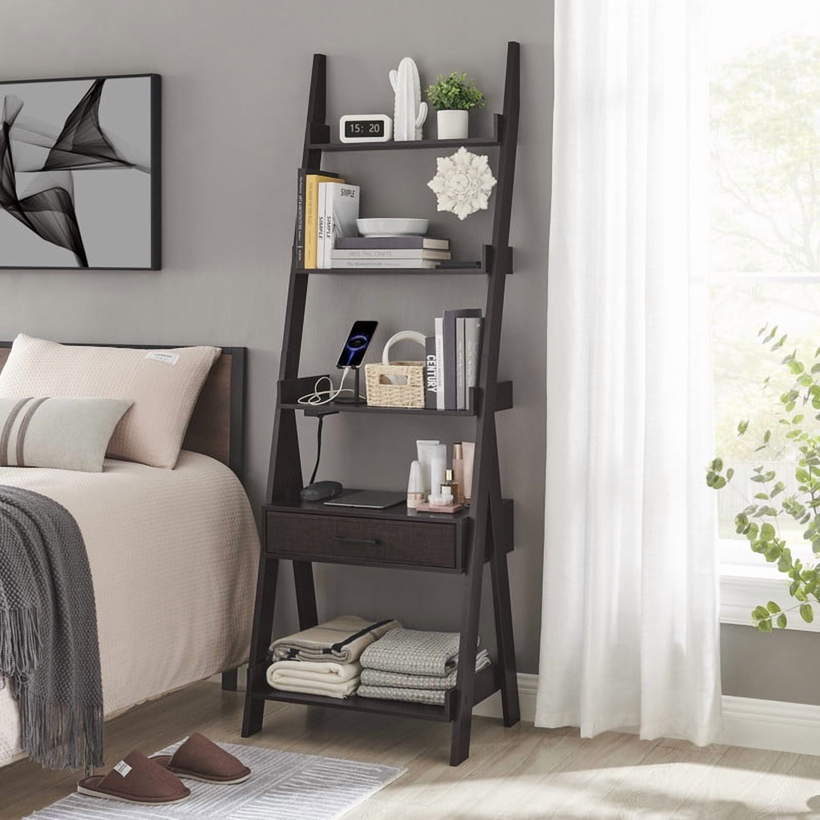 Utopia Alley Ladder Shelf, 5 Tier Ladder Bookshelf with Power Outlet, USB Port, Fast Charging and Drawer, Wood Ladder Shelves, Espresso