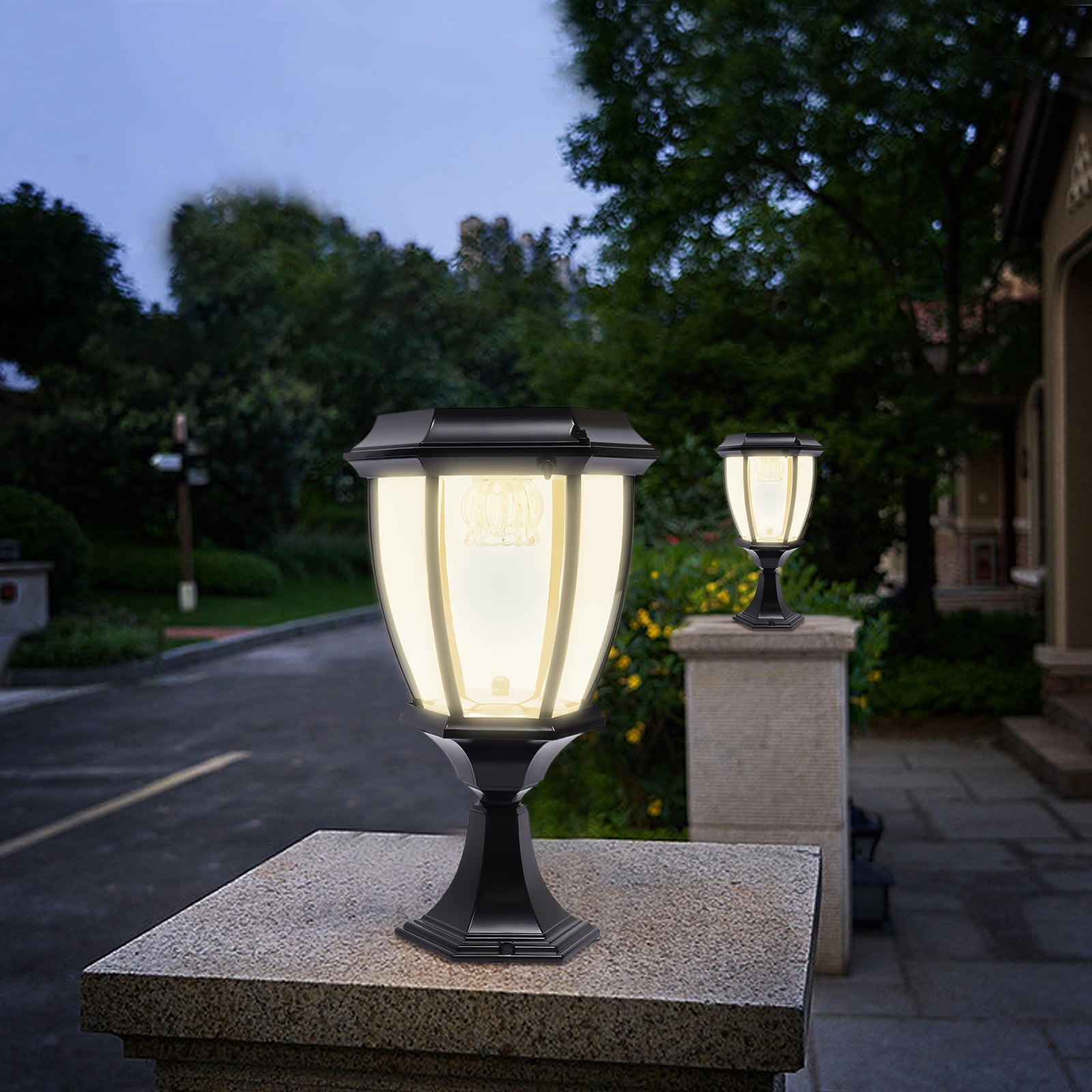 2PCS Black 6000 Lumens Waterproof Outdoor Yard Light LED Solar Power Lantern Landscape Pillar Post Lamp