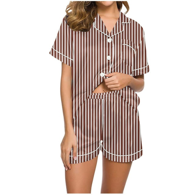 Birdeem Ensembles de Pyjama pour Femmes 2 Pcs Femmes Décontracté Col Rabattu Manches Courtes Blouse Mode Pantalon Court Ensemble de Pyjama