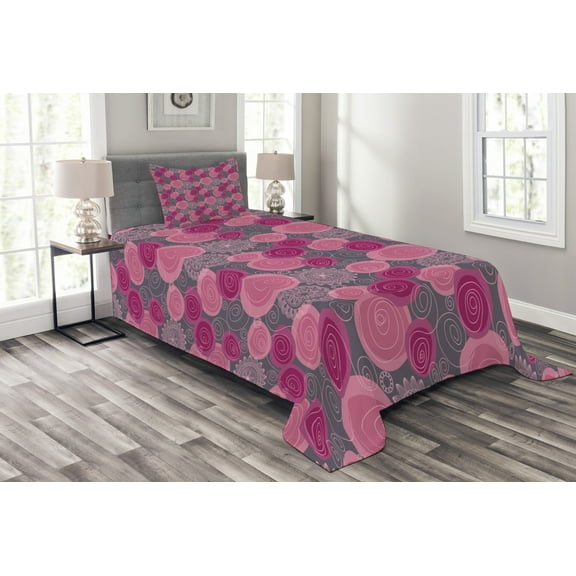 Ambesonne Pink and Grey Quilted Bedspread Set 2 Pcs, Lace Swirled Circle, Twin Size, Fuchsia Magenta Grey