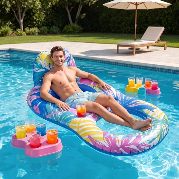 Vecukty Pink Blue Tropical Inflatable Swim Ring Pool Float, Mesh Recliner Lounge with Headrest & Cup Holders for Adults Teens,Swimming Pool Beach Floatie,Unisex