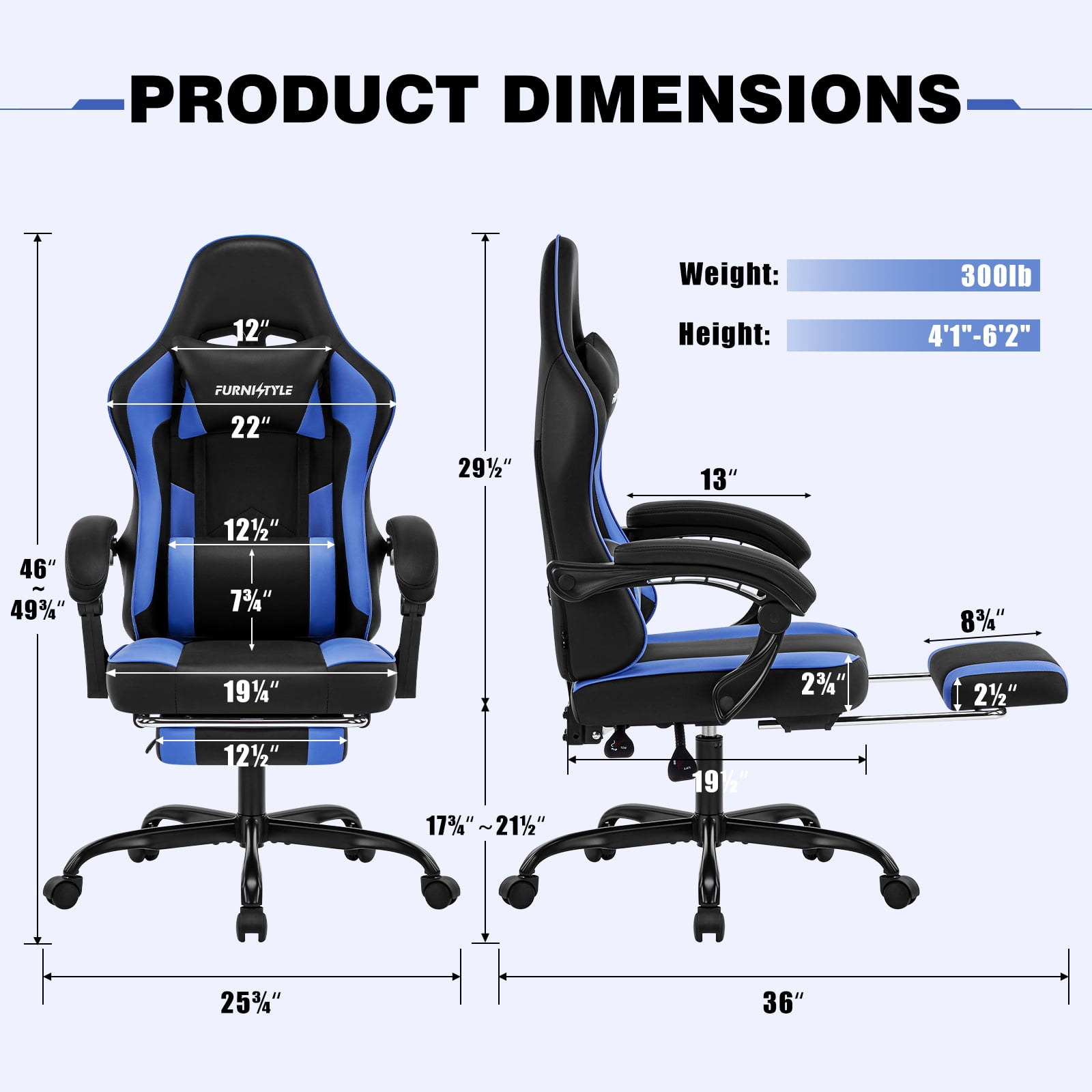 Falvinoryn Gaming Chair, Video Game Chair with Headrest and Lumbar Support,High Back Ergonomic Computer Chair with Footrest,Swivel Desk Office Chair, Blue
