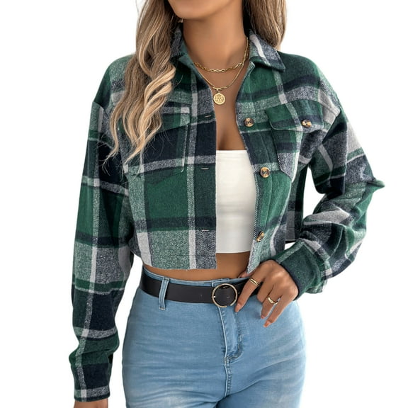 Stichou Women Cropped Flannel Jacket Long Sleeve Corduroy Plaid Button Down Shirt Fall Fashion Crop Coat Tops with Pockets Green L
