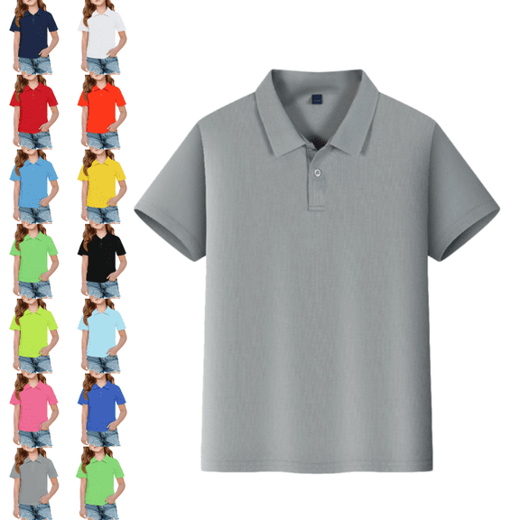 longantii Summer Polo Shirts Basic Collared Short Sleeve Uniform Lightweight Back To School Tees Solid Color Outfit for Boys & Girls Gray 7-8 Year