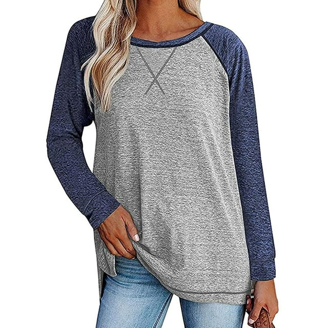 Chemises à Manches Longues pour Femmes Col Rond Raglan Tunique Décontractée Haut Ample Coton T-Shirt d'Automne