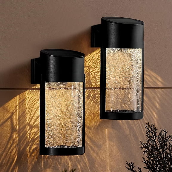 Solar Outdoor Wall Lights Fixture Set of 2 Porch Lights Crackled Glass Diffuser with Warm White LED