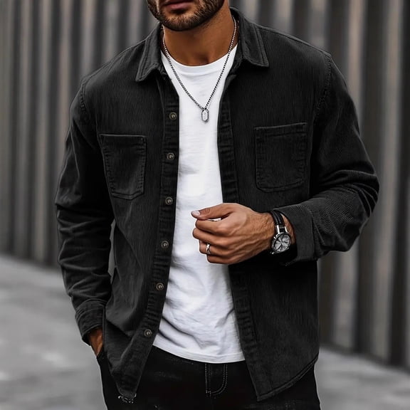 QHRMKOG Men Jacket Solid Color Long Sleeve Button Down Shirt Jacket Loose Fit Midweight Shirts Spring Casual Warm Jackets with Pockets Black L