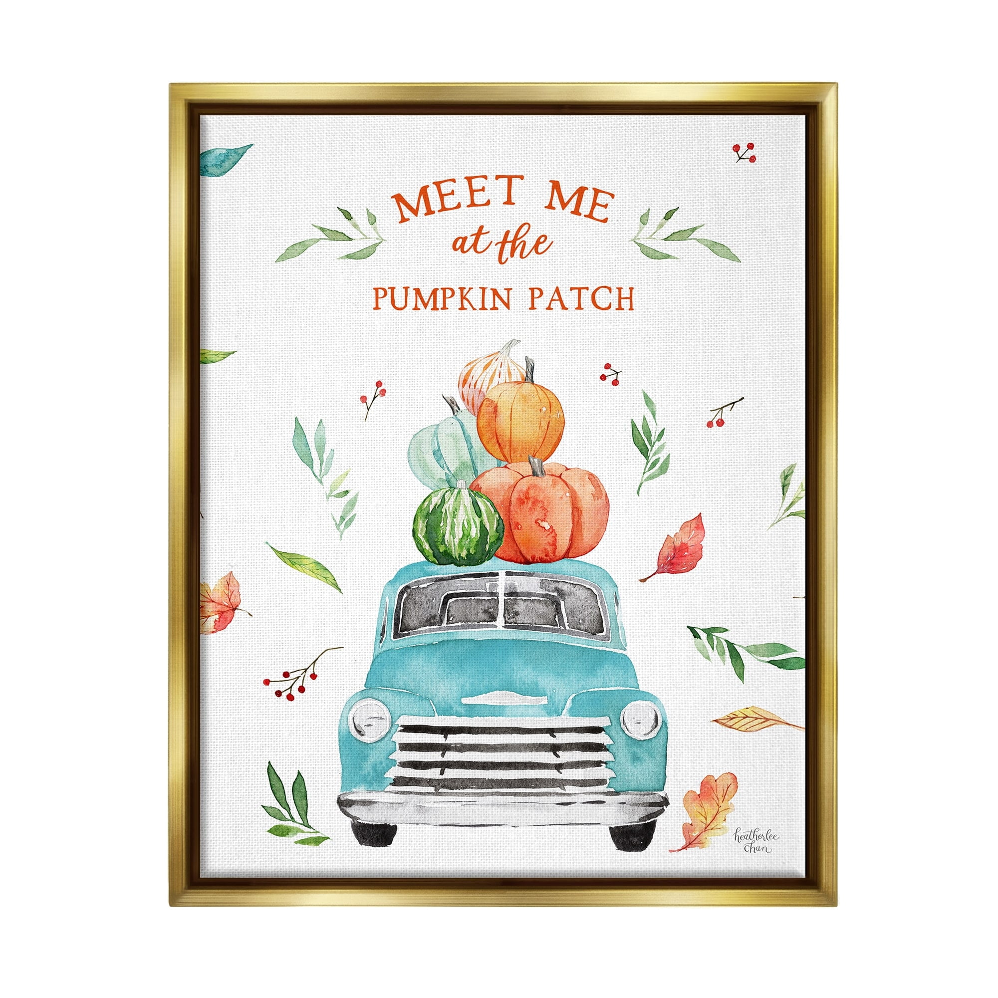 Stupell Industries Pumpkin Patch Seasonal Leaves Botanicals Blue Truck Graphic Art Metallic Gold Floating Framed Canvas Print Wall Art, Design by Heatherlee Chan