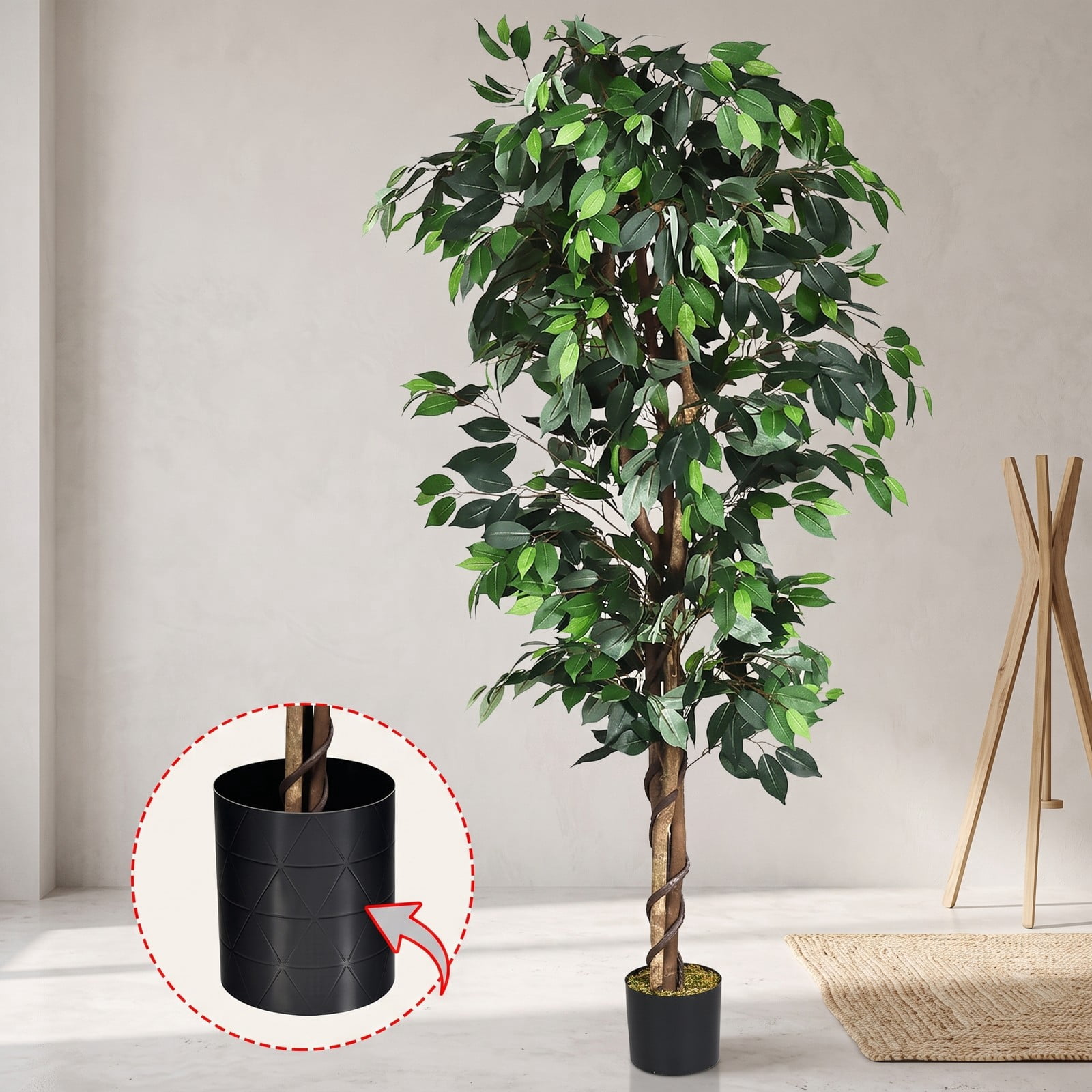 ALPULON 6 Feet Artificial Ficus Silk Tree, 71 Inch Faux Ficus Plant with 1008 Leaves and Cement Base Paper Pot for Home Office Entryway Living Room Decor, Green