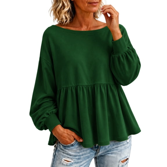 Yigetop Women's Boat Neck Peplum Sweatshirt Lightweight Long Sleeve Loose Fit Casual Pullover Tops Blackish Green L