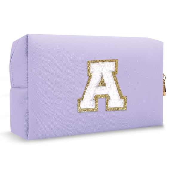 AOMRCOL Makeup Bag Initial A-Z Preppy Patch Bag,Small Pu Leather Travel Cosmetic Bag Pouch with Zipper,Purple Cute Toiletry Bag,Gift Ideal for Teen Girls Women Birthday Friend Mom,Latter a