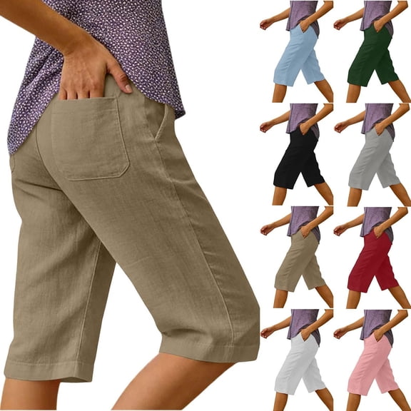 Yievot Cotton Linen Capri Pants for Women Loose Casual Elastic Waist Summer Beach Vacation Cropped Pants with Back Pockets