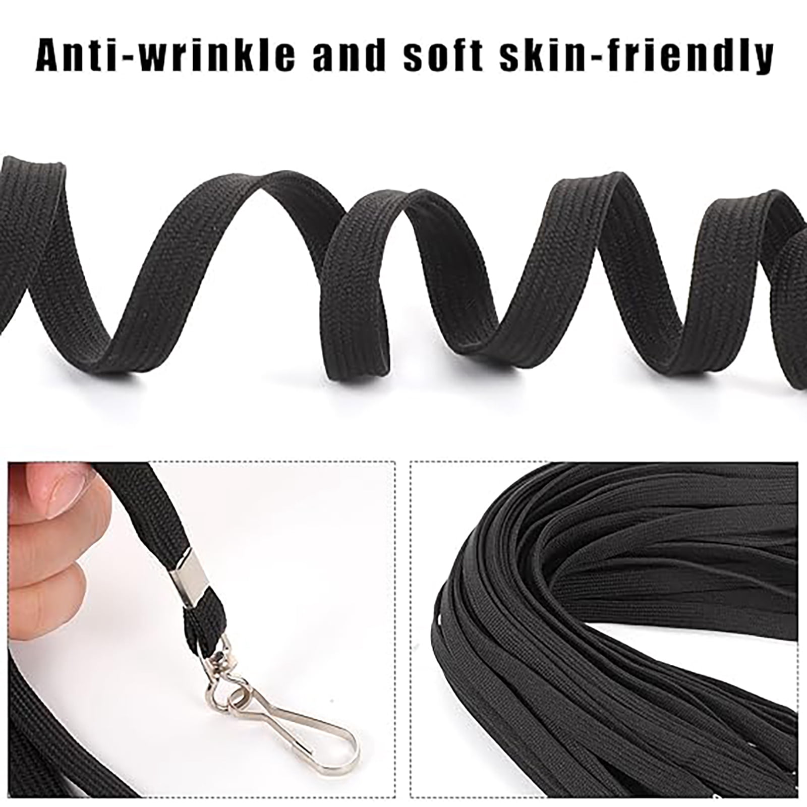 50 Pack- Lanyard Bulk Lanyards for Id Badges Flat Lanyard with Badge Clip Swivel Hook (Black)