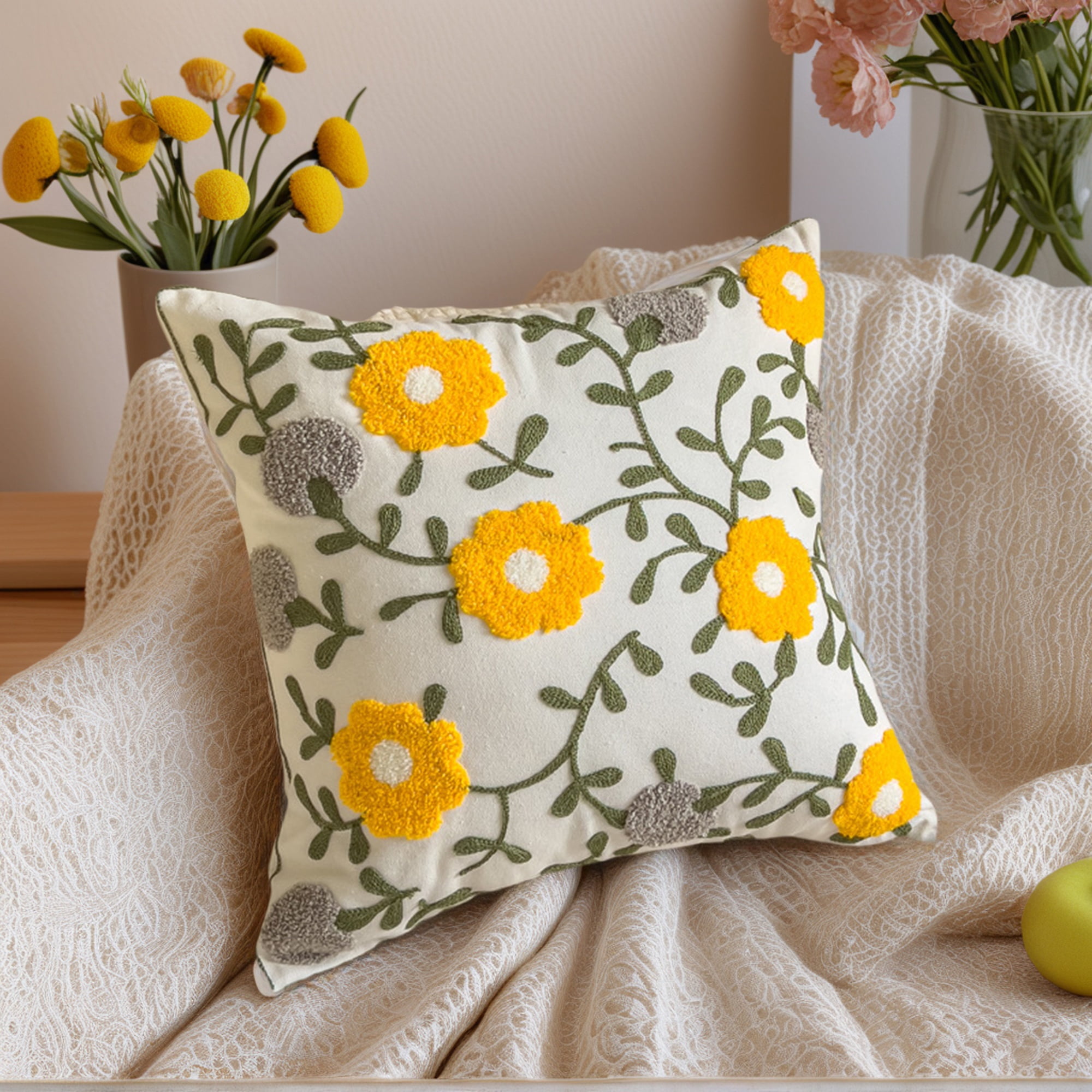 Unique Bargains Pack of 2 Flower Embroidered Throw Pillow Covers Yellow Purple