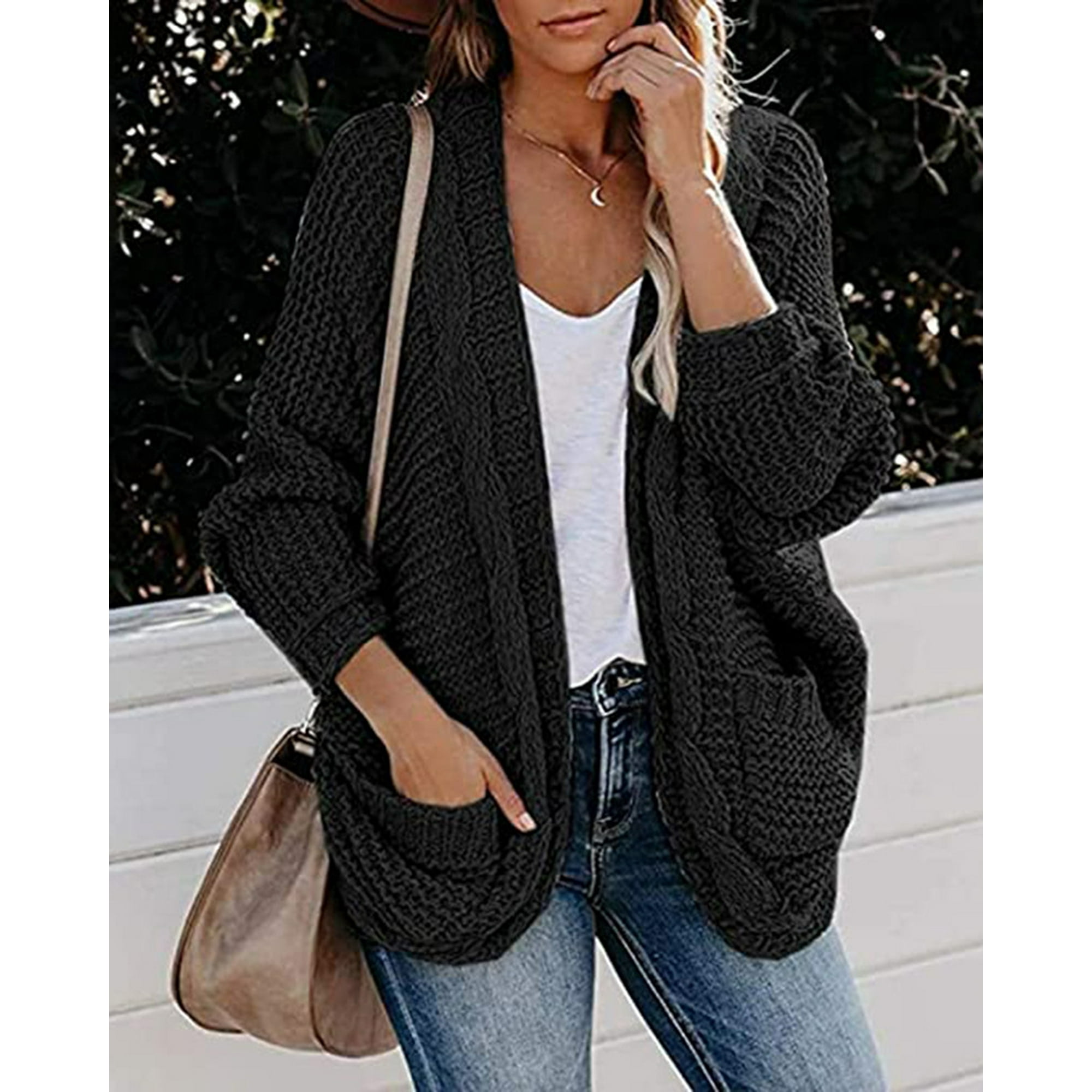 Women Open Front Long Sleeve Chunky Knit Cardigan Sweaters Outwear with Pockets