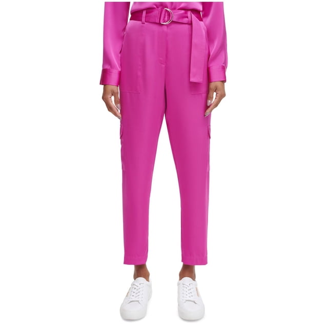 Calvin Klein Womens Satin Belted Straight Leg Cargo Casual Pants, brghtpink, 16