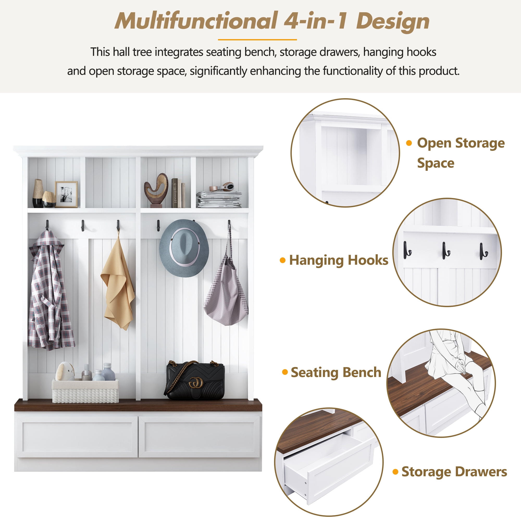 Euroco Farmhouse Hall Tree with Bench, Drawers, Hooks, and Upper Storage, Curved Top Design, Anti-Tip Safety