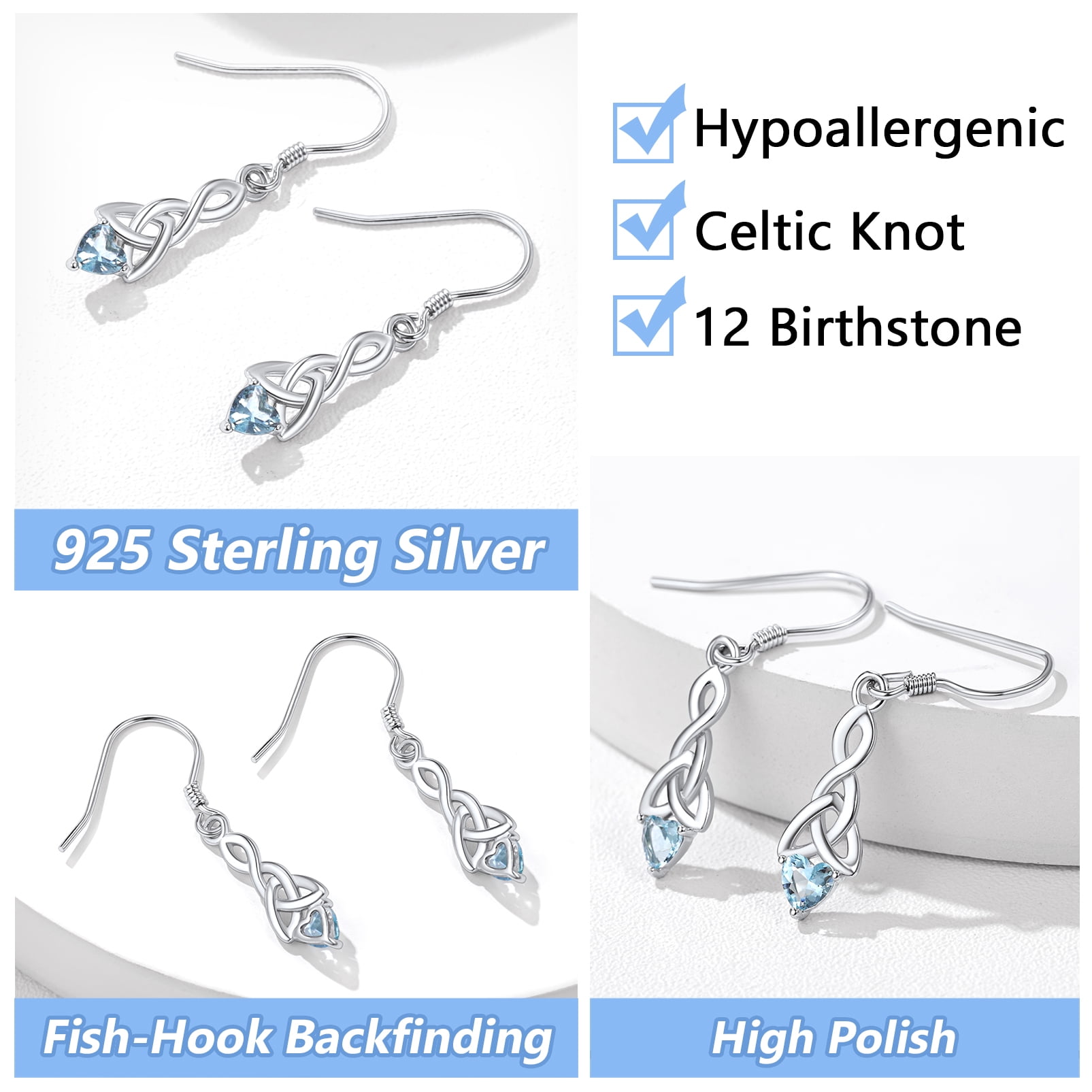 Silvora Birthstone Dangle Earrings for Women Vintage Celtic Knot Sterling Silver Drop Earrings December Birthday Jewelry Gift