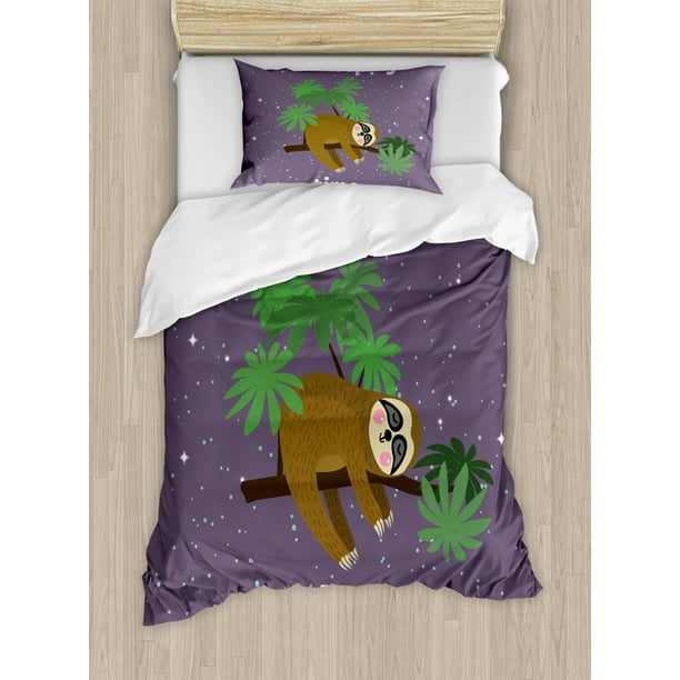 Sloth Duvet Cover Set, Cute Cartoon Character Sleeping on Branch Jungle Animal in Night Sky Kids