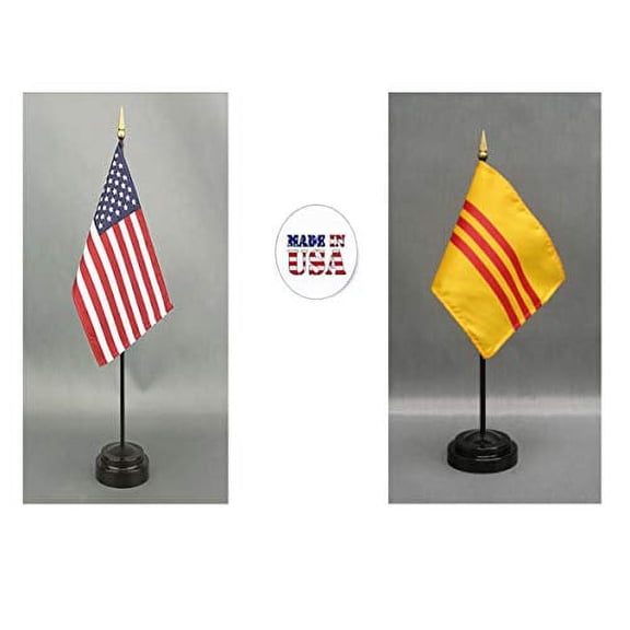 Made in The USA. 1 American and 1 South Vietnamese Rayon 4"x6" Office Desk & Little Hand Waving Table Flag, Includes 2 Flag Stands & 2 Small 4"x6" Mini Stick Flags