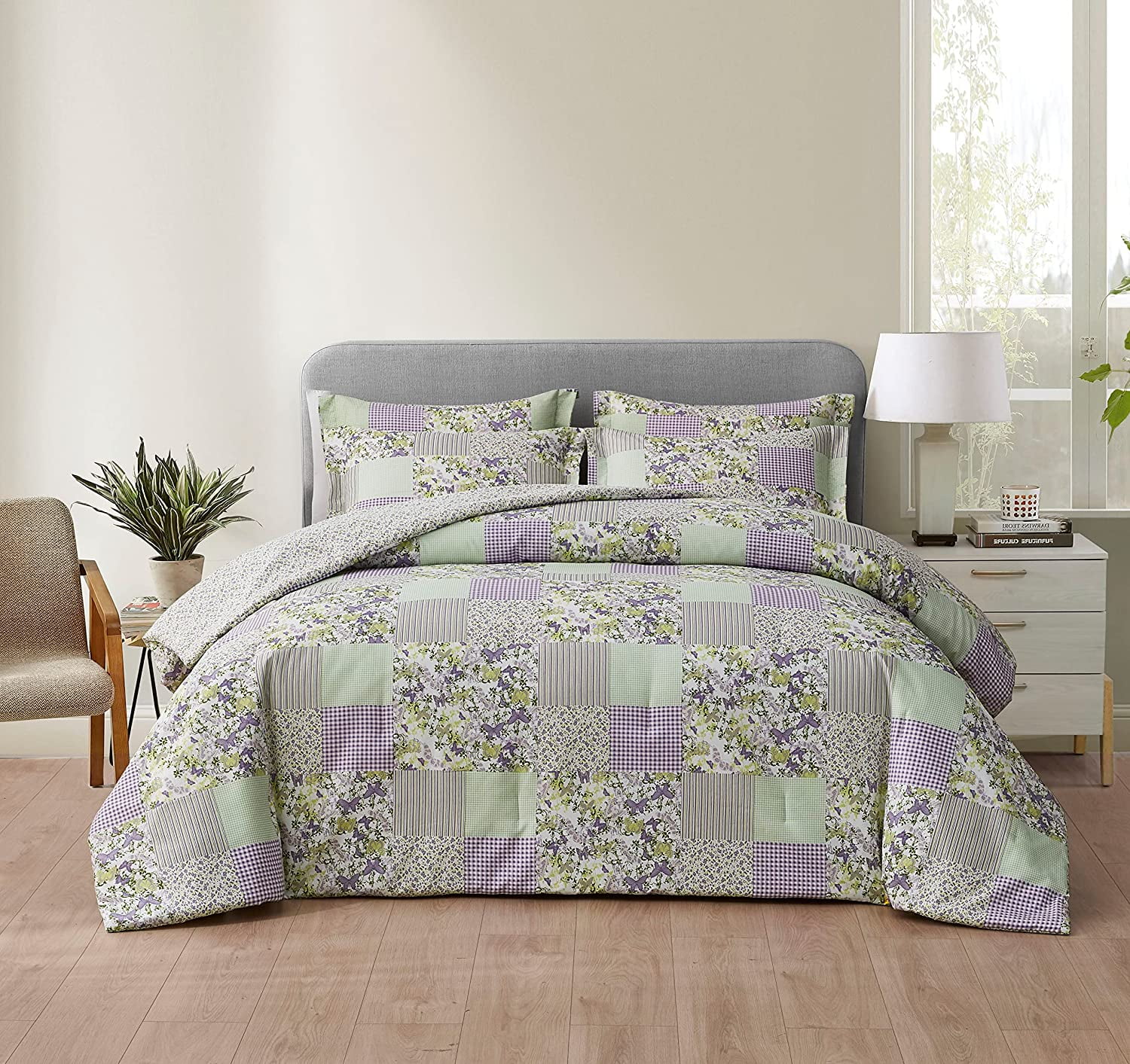 Chezmoi Collection Daisy 3-Piece Printed Patchwork Comforter Set, Purple Butterfly Botanical Candy Stripe Checkered Lightweight Reversible Microfiber Bedding, Twin Size