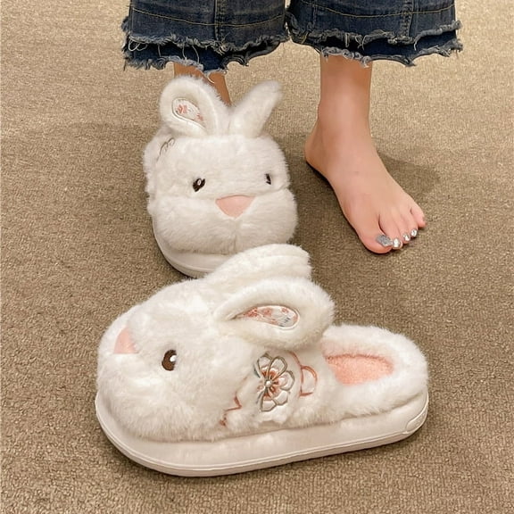 Women's Warm Plush Rabbit Embroidery Slippers - Adult Cotton Indoor Non-Slip Home Thick Bottom Slippers