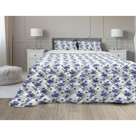 Watercolor Flowers Comforter & Sham Bedding Set, Cornflower Feng Shui Style Blossom Shabby Art, 3 pcs Duvet Set Microfiber Filling Quilt, 5 Sizes, Violet Blue Forest Green, by Ambesonne