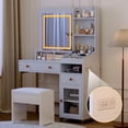 thumbnail image 4 of Huloretions Vanity Desk with Mirror and Lights,Makeup Desk with Drawer & Power Outlet,Adjustable Brightness Make Up Dressing Table with 2 Drawers,Open Storage Shelves for Bedroom Dressing Room, 4 of 8