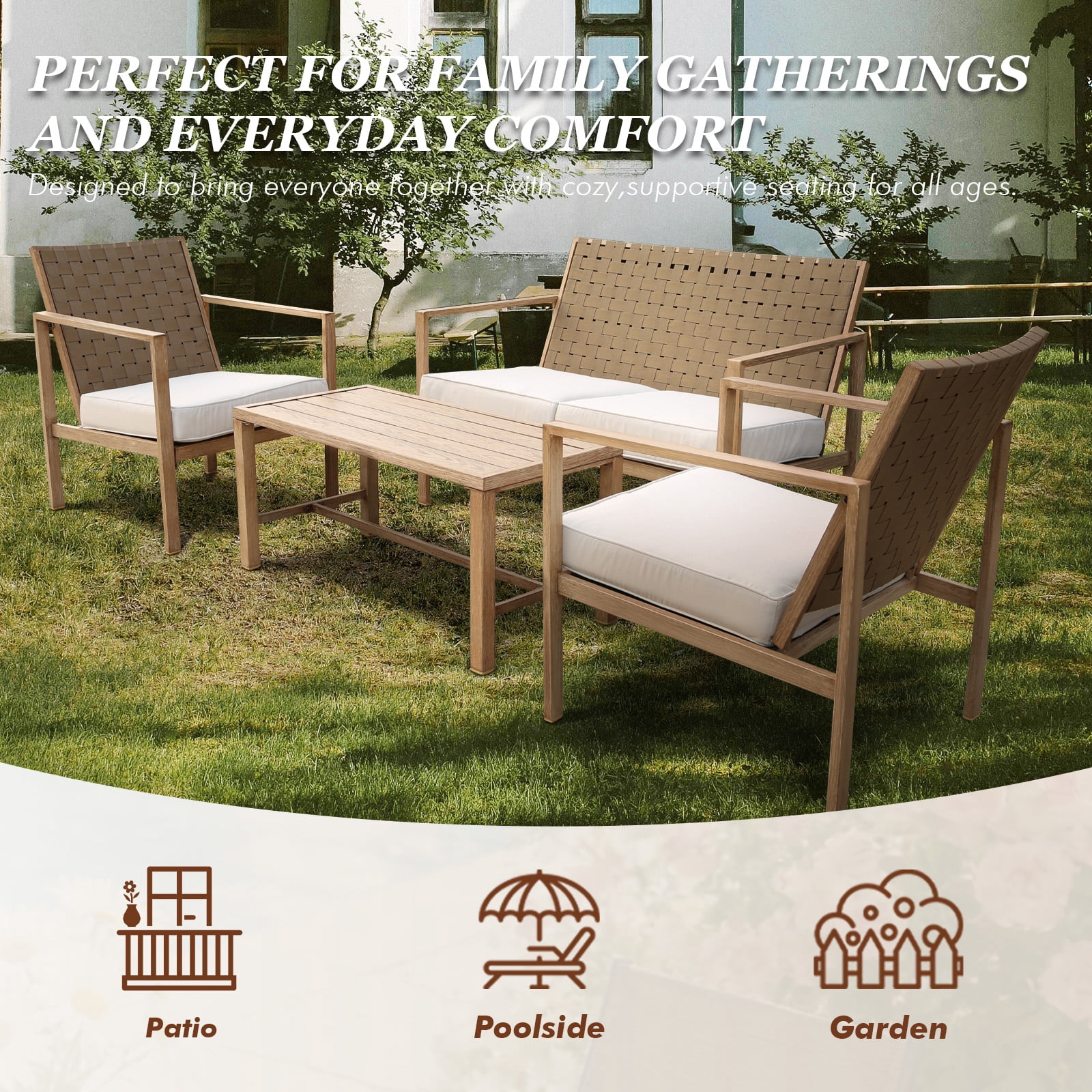 MOONMISS 4 Pieces Metal Patio Furniture Set, Hand-Made Drawstring Outdoor Patio Conversation Sets Outside loveseat with Soft Cushion for Garden-Beige