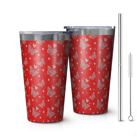 16oz Tumblers Red Butterfly Heart Flower Pattern Stainless Steel Vacuum Insulated Double Wall Travel Tumbler Cups Mug with Lid and Straw,Cleaning Brush for Coffee,Tea