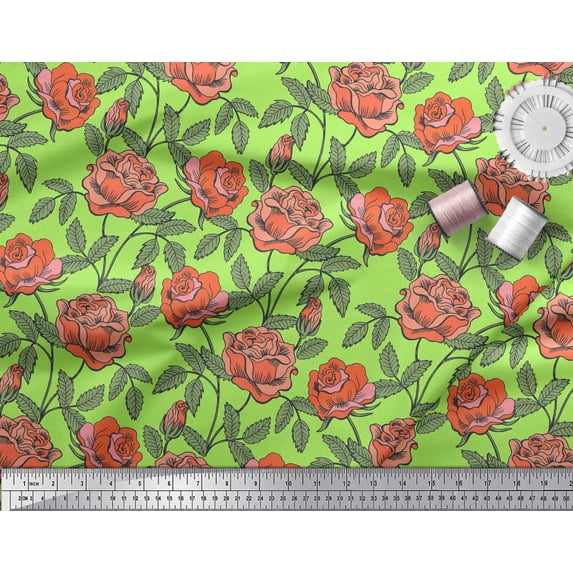 Soimoi Crepe Silk Fabric Leaves & Rose Floral Print Sewing Fabric Yard 42 Inch Wide