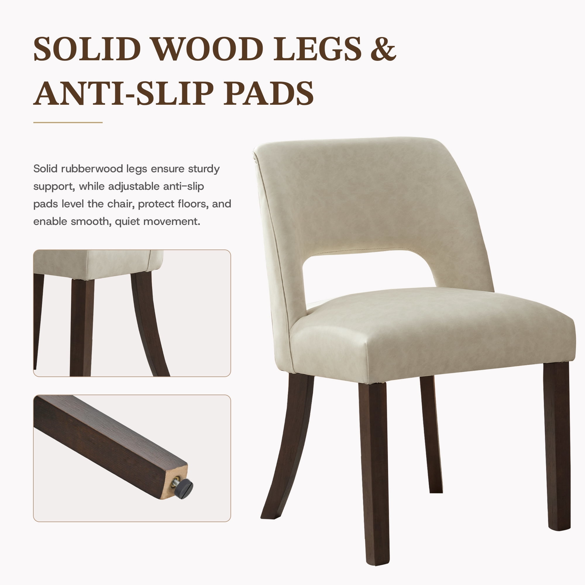 VKNOW Faux Leather 20.7" W Upholstered Dining Chairs Set of 2, Thick Foam Cushion Kitchen & Dining Room Chairs with Solid Wood Legs, Beige