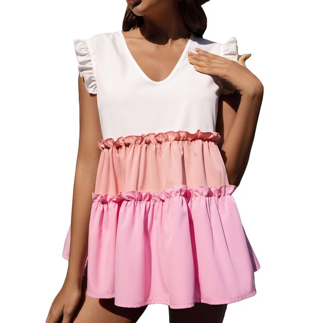 SAYOO - Chaleco holgado con volantes y plisado con cuello en V para mujer, informal, sin mangas, a la moda SAYOO Estilo de ocio