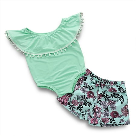 

Infant Baby Girl 2 Piece Outfit Solid Color Tassel Ruffle Collar Romper + Floral Print High Waist Shorts Suit