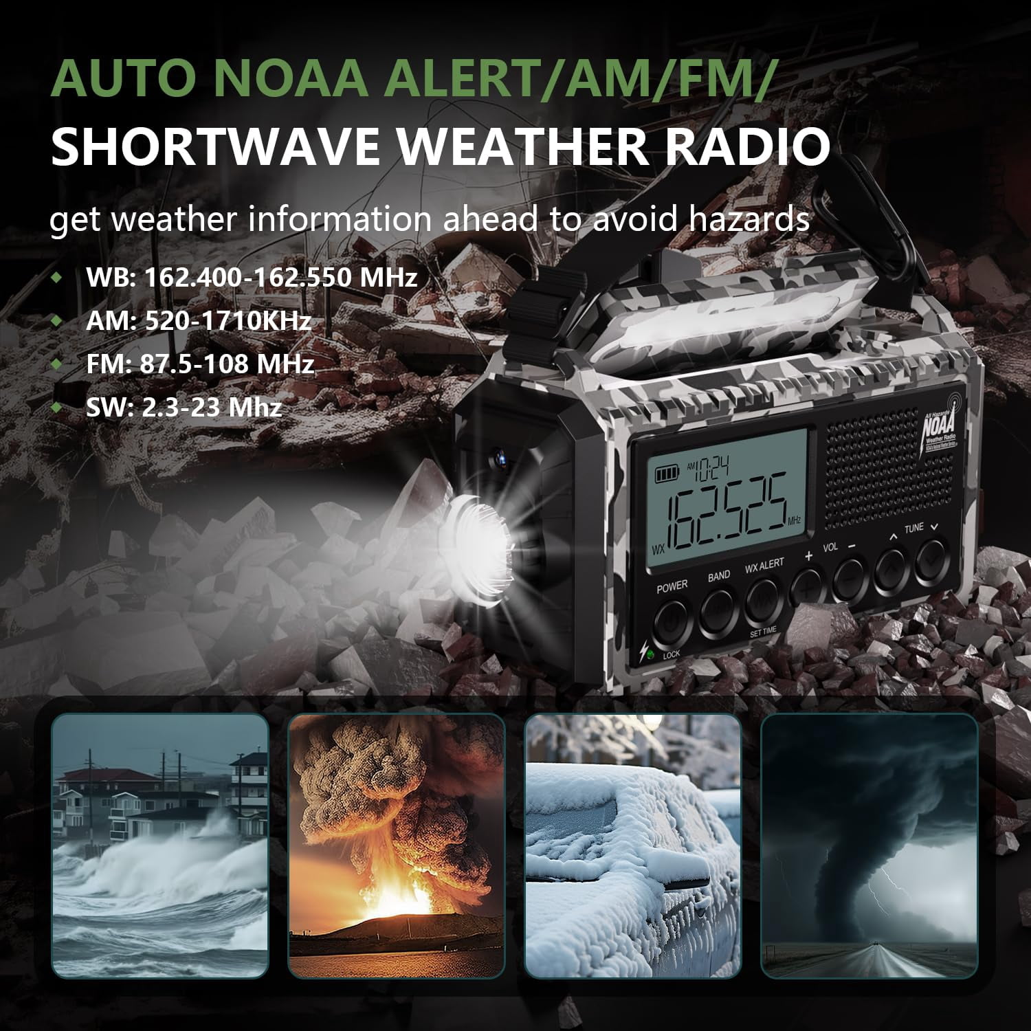 Emergency Radio 12000mah Auto Noaa Weather  Solar Hand Crank Portable Am/fm Shortwave With Rechargeable Flashlight Reading Lamp Sos Alarm For Indoor Outdoor Emergencies