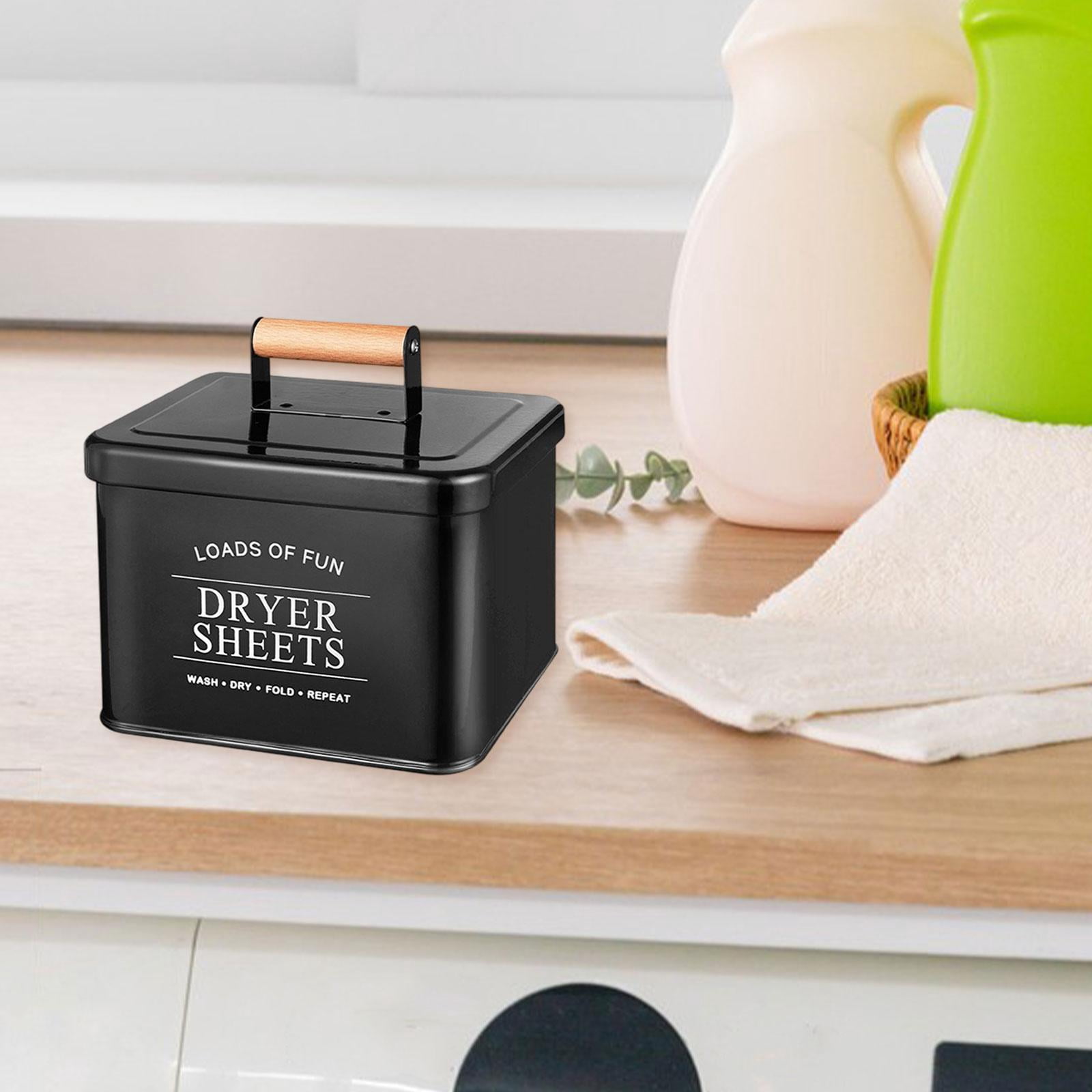 Fiocias Dryer Sheet Container Organizer Wood Handle Metal Storage Bin Modern Laundry Pod Black