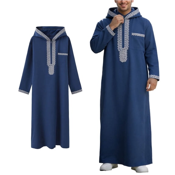 Mens Thobe Muslim Long Sleeve Zipper Hooded Thobe Men Embroidered Thobe Ramadan Gifts Muslim Prayer Clothes