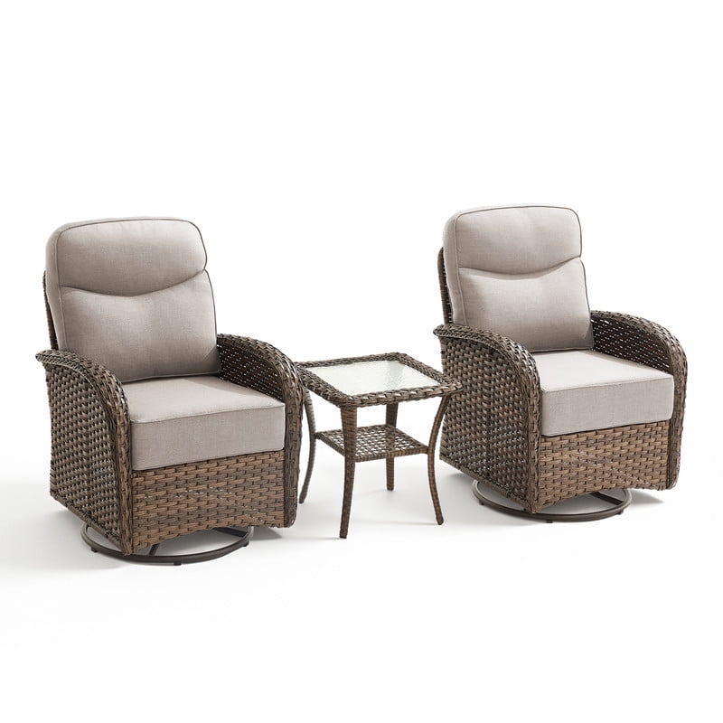 Opohoro 3PCS Outdoor Swivel Chair Set with Side Table and 6-Inch Thick Cushions, All Weather Wicker Patio Chairs for Porch Balcony