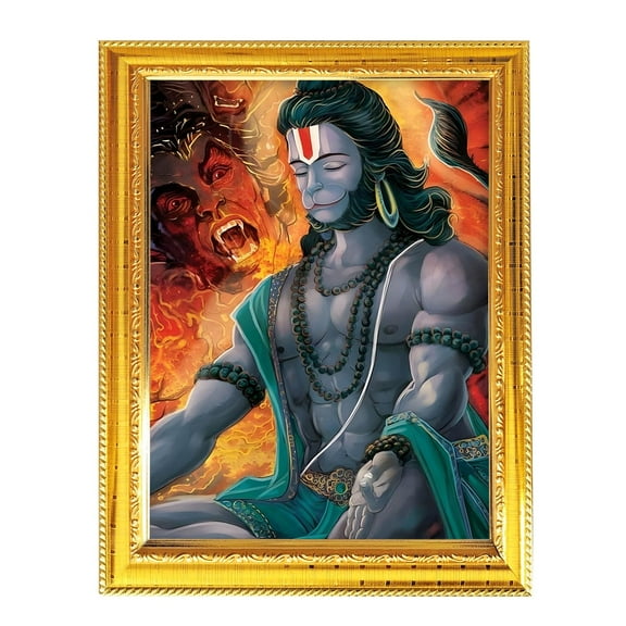 Lord Hanuman Ji Spiritual Religious Photo with Golden Frame Indian Puja Worship 8.3X6.5"