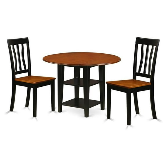 East West Furniture Sudbury 3-piece Dining Set with Wood Seat in Black/Cherry