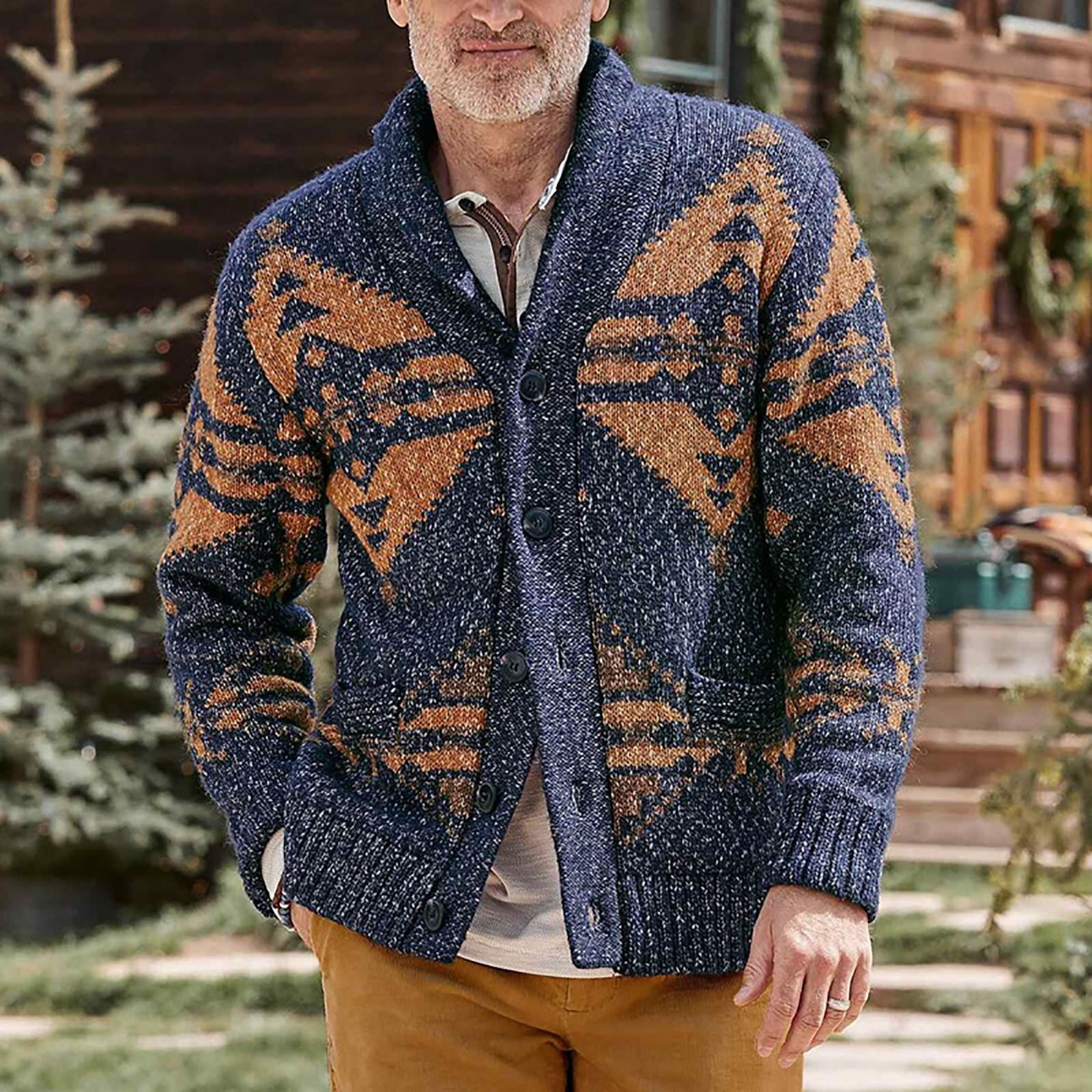 Men's Western Ethnic Aztec Cardigan Sweater Retro Shawl Collar Button Up  Knitwear Coat with Pockets 