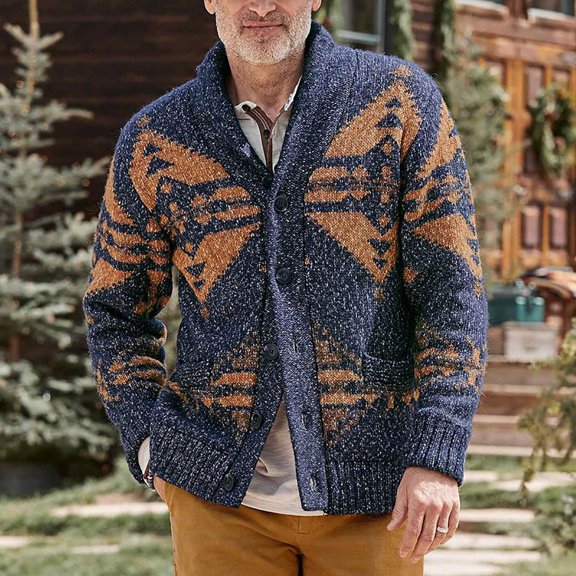Men's Western Ethnic Aztec Cardigan Sweater Retro Shawl Collar Button Up Knitwear Coat with Pockets