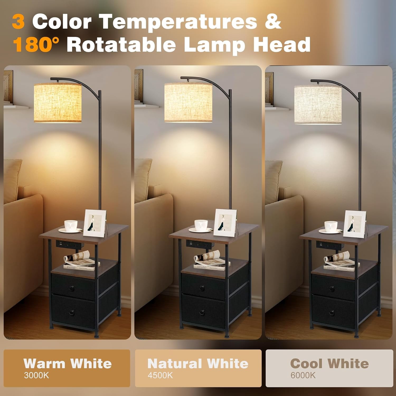 Floor lamp with table and 2 drawers, side table with reading light in 3 colour temperatures