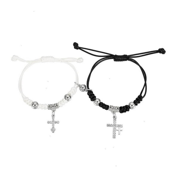 NANMELX 2pcs Crystal Cross Couple Bracelets Magnetic Matching Bangle Fashionable Braided Rope Wrist Chain for Women Men Jewelry