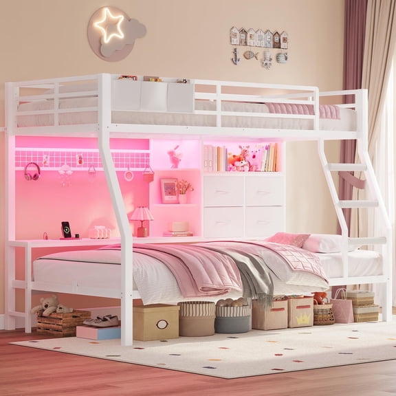 Twin Over Twin Bunk Beds with 4 Storage Drawers & Shelves & Bedside Caddy, Metal Loft Bed with Led Lights & Charging Station,13.4“ Safety Guardrail,Angled Ladder,White