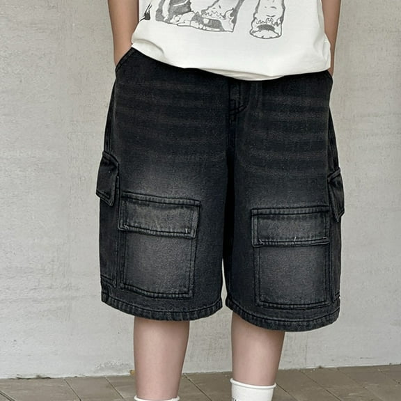 CPNG Youth Kids Boys Baggy Retro Denim Bermuda Hip Hop Shorts Y2k Distressed Straight Leg Jean Elastic Waist Streetwear Cargo Grunge Shorts Knee Length Jorts Pockets