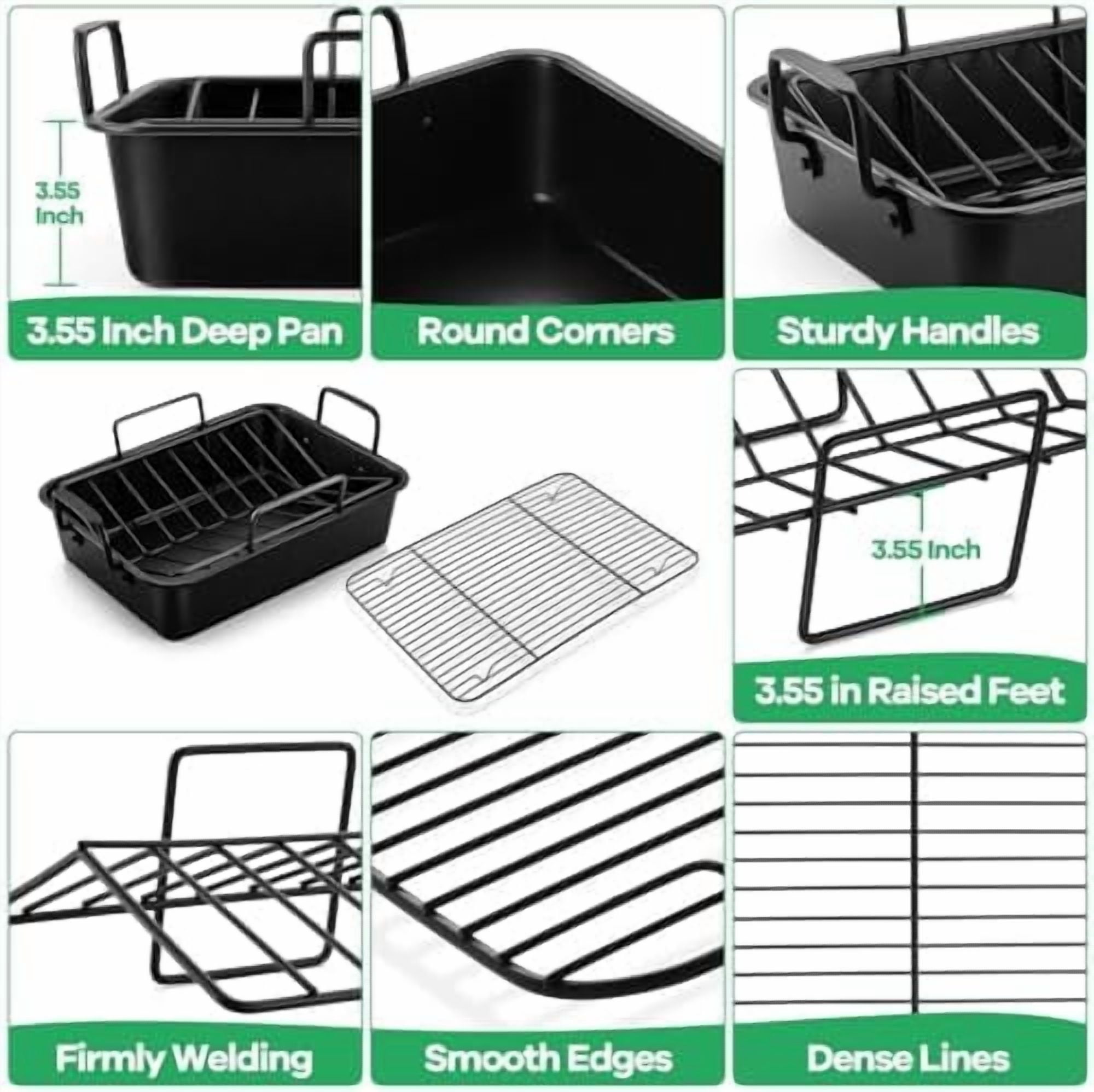 14" Roaster Roasting Pan with Baking Rack and V-shaped Rack, Stainless Steel Rectangular Lasagna Pan with Handles for Turkey Chicken, Healthy & Dishwasher Safe, 3 Pieces, Black
