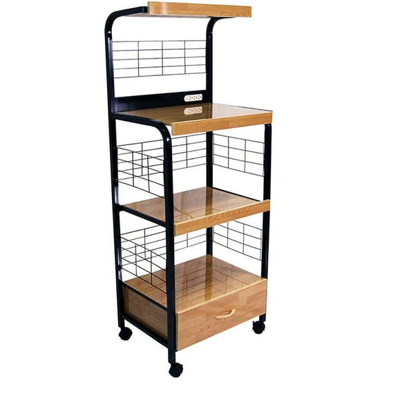 4 Microwave Cart With Drawer And Electrical Socket, 59.5" High, Black & Natural Kitchen Storage Outlet, 59.5